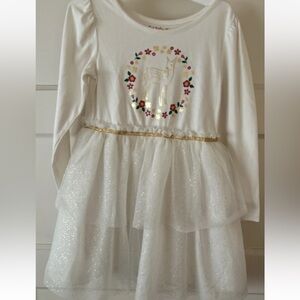 Cat & Jack White and Gold Winter Flowers and Deer Dress Size 5T